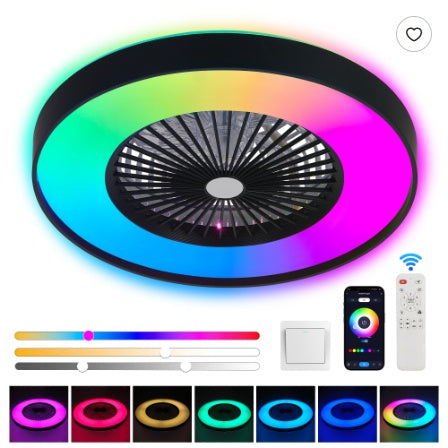 23 Inch Black Ceiling Fan Light With LED RGB Dimmable & Color Changing, APP & Remote Control, Modern Smart Ceiling Fan For Living Room, Bedroom, And Dining Room Silent 6-Speed Reversible DC Motor
