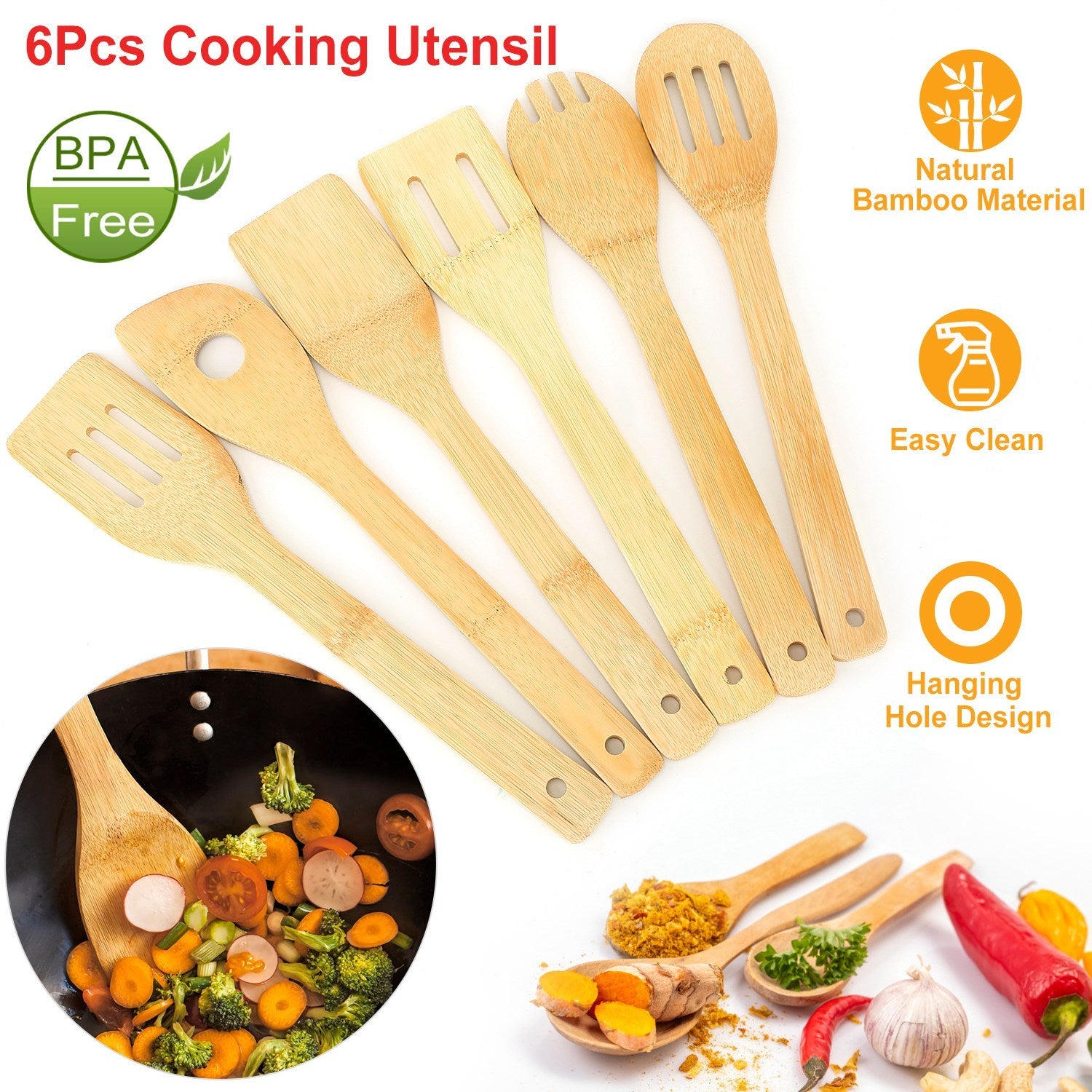Set Of 6Pcs Cooking Utensil Bamboo Wooden Spoons Spatula Kitchen Cooking Tools Nonstick Wooden Cookware Kitchen Gadgets